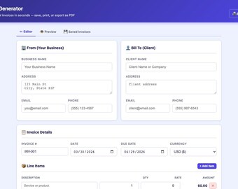 Invoice Generator | HTML Tool | Professional Invoice | Freelancer | Small Business | Print to PDF | Template