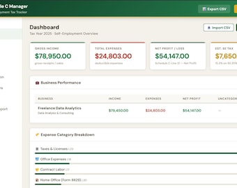 Schedule C Tax Prep Tool Self Employed Expense Tracker Categorizer Digital Download
