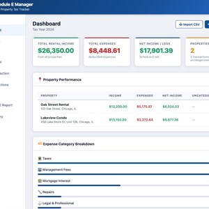 May include: A digital dashboard for rental property tax tracking. The interface displays total rental income, expenses, and net income. Property performance is shown with income, expenses, and net income. Expense categories are broken down with amounts.