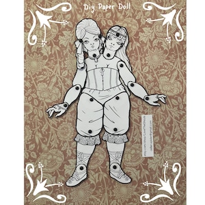 May include: A black and white printable paper doll of two women with long hair, wearing a corset and a skirt. The doll is designed to be cut out and assembled. The text "DIY Paper Doll" is at the top of the image.