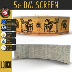 May include: A 5e Dungeons and Dragons DM screen with a gold and black design featuring Greek warriors. The screen is 38.74 inches wide and is made of water-resistant material. It is easy to wipe clean with a dry eraser.