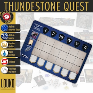 May include: A blue and beige Thundestone Quest board game upgrade. The board features a grid for tracking game progress, with labels for side quests and XP tokens. The text "Thundestone Quest" is displayed at the top. The board is water resistant and reusable.