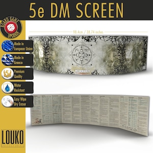 May include: A 5e Dungeons and Dragons DM screen with a Necromancy theme. The screen is made of high-quality, water-resistant material and is easy to wipe clean. It features a detailed illustration of a skeletal hand reaching out from a dark forest. The screen is 38.74 inches wide and is made in Greece.