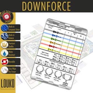 May include: A Downforce board game upgrade card with a racing theme. The card features a racetrack layout with colored car icons and betting payout information. The card is water-resistant and reusable.