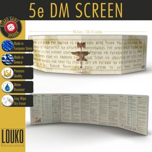 May include: A 5e Dungeons and Dragons DM screen with a Dwarven theme. The screen is made of high-quality, water-resistant material and is easy to wipe clean with a dry eraser. It measures 38.74 inches wide.