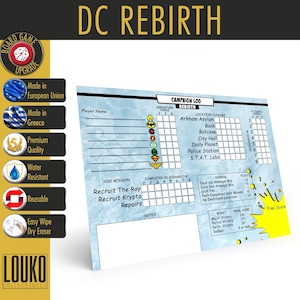 Pode incluir: Um tabuleiro de jogo azul e branco com uma explosão de estrela amarela no canto. O tabuleiro é intitulado "DC Rebirth Campaign Log". O tabuleiro inclui espaços para rastrear o dano da localização, os cartões de assinatura, as missões secundárias e os cenários concluídos.