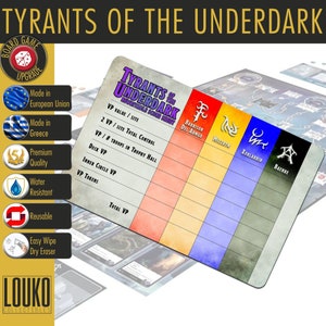 Peut inclure: Une amélioration pour le jeu de société "Tyrants of the Underdark". La carte présente une feuille de score avec des sections pour la valeur VP, le contrôle du site et le nombre de troupes. La carte est résistante à l'eau, réutilisable et facile à nettoyer.
