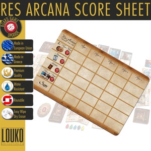 May include: A beige score sheet for the board game "Res Arcana" with a brown wooden frame. The sheet has columns for each player and rows for different categories, including "Monuments", "Artifacts", "Places of Power", and "Sum".