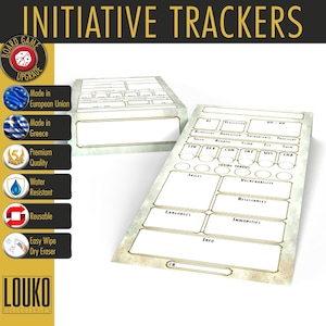 May include: A set of two dry-erase initiative trackers for tabletop role-playing games. The trackers are made of a white, textured material with gold accents. The larger tracker has sections for AC, HP, saving throws, skills, languages, resistances, immunities, and information. The smaller tracker has sections for initiative, speed, and other stats.