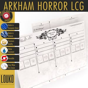 Puede incluir: Una hoja de registro de campaña de Arkham Horror LCG blanca con tinta negra. La hoja está titulada "Night of the Zealot" y tiene un borde decorativo. La hoja está dividida en secciones para hacer un seguimiento de los activos de historia ganados, las debilidades y las notas de la campaña.