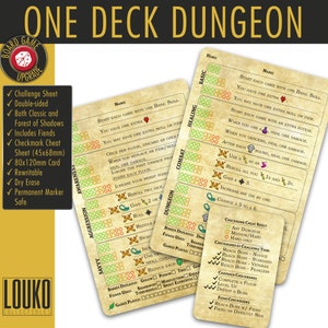 May include: A close-up of a game board for the One Deck Dungeon board game. The board is made of cardboard and has a parchment-like texture. The board is divided into sections for different skills, such as "Awareness", "Aggression", "Combat", and "Healing". The board also includes a section for "Dungeon" and a section for "Basic". The board is decorated with illustrations of swords, shields, and other fantasy elements. The board is also marked with checkmarks and other symbols. The board is designed to be used with a deck of cards.