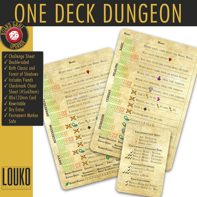 May include: A close-up of a game board for the One Deck Dungeon board game. The board is made of cardboard and has a parchment-like texture. The board is divided into sections for different skills, such as "Awareness", "Aggression", "Combat", and "Healing". The board also includes a section for "Dungeon" and a section for "Basic". The board is decorated with illustrations of swords, shields, and other fantasy elements. The board is also marked with checkmarks and other symbols. The board is designed to be used with a deck of cards.