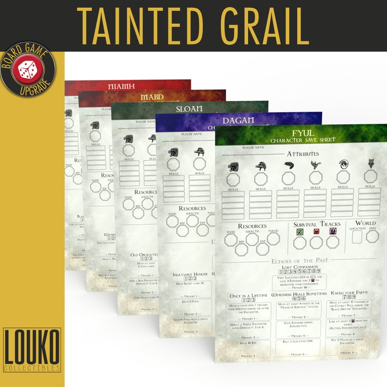 May include: Five character sheets for a role-playing game called "Tainted Grail". The sheets are printed on parchment-like paper and have a medieval theme. Each sheet has a different character name: "Miamah", "Mabd", "Sloan", "Dagan", and "Fyul".