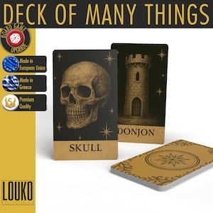 May include: A Deck of Many Things board game card set featuring two upright cards and one face-down card. One card displays a detailed skull illustration with the text SKULL, while the other shows a stone tower with the text DONJON. The back of the third card features a gold-toned compass rose design with ornate border patterns.