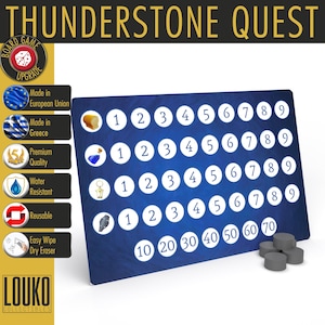 May include: A blue Thunderstone Quest board game upgrade with a grid of numbers from 1 to 9 and 10 to 70. The board is made of durable material and is water resistant. The board is made in Greece and the European Union.