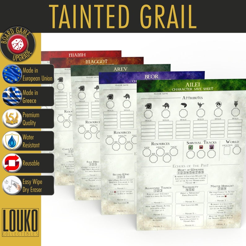 May include: Five character sheets for a role-playing game called "Tainted Grail". The sheets are printed on parchment-like paper with a distressed look. Each sheet has a different character name: Miamah, Maggot, Arev, Beor, and Ailei. The sheets include sections for attributes, skills, resources, survival tracks, and world location.