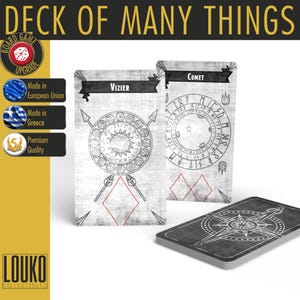 May include: A Deck of Many Things card set featuring three rectangular cards with a grey textured background. Two cards are upright, labelled Vizier and Comet, displaying circular symbols and runes. The third card lies flat, showing a compass design.