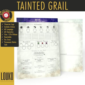 May include: A character sheet for the role-playing game "Tainted Grail: The Fall of Avalon". The sheet is designed for the character "Beor" and includes sections for attributes, resources, survival tracks, world location, echoes of the past, and equipment. The sheet is printed on a textured, parchment-like paper with a distressed, vintage aesthetic.