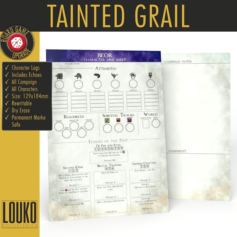 May include: A character sheet for the role-playing game "Tainted Grail: The Fall of Avalon". The sheet is designed for the character "Beor" and includes sections for attributes, resources, survival tracks, world location, echoes of the past, and equipment. The sheet is printed on a textured, parchment-like paper with a distressed, vintage aesthetic.