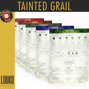 May include: A set of six character sheets for the board game "Tainted Grail". Each sheet features a different character name, including Miamah, Duana, Thebalt, Caolin, Maazer, and a blank sheet. The sheets are printed on white paper with black text and illustrations.