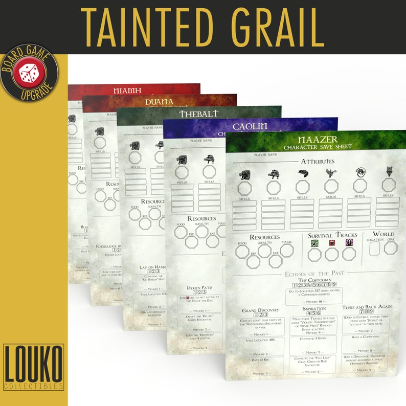 May include: A set of six character sheets for the board game "Tainted Grail". Each sheet features a different character name, including Miamah, Duana, Thebalt, Caolin, Maazer, and a blank sheet. The sheets are printed on white paper with black text and illustrations.