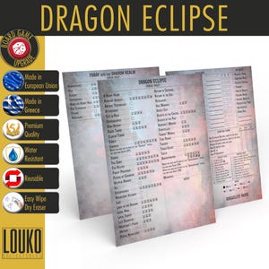 May include: A set of three Dragon Eclipse game status sheets with a pink and white background. The sheets are made of a water-resistant material and are designed to be used with dry-erase markers. The sheets include a status sheet for the game, a sheet for the "Foray into the Shadow Realm" expansion, and a sheet for the "Roguelite Mode" expansion.
