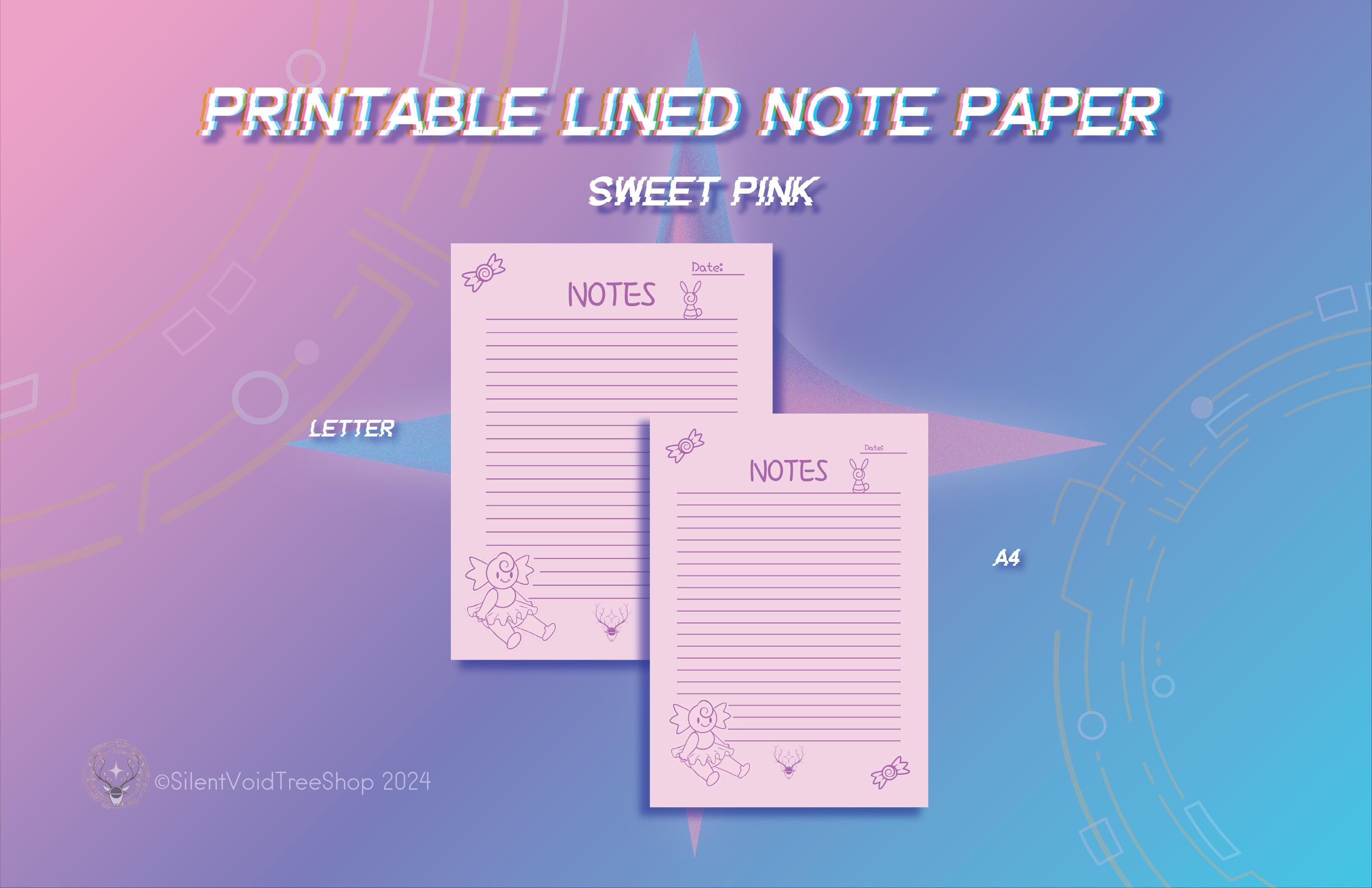 Individual Lined Note Sheet Printable Stationery Sweet Pink Design US ...