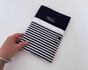 Personalized unisex baby health record book cover in navy and white stripes, nautical style, machine-embroidered name, baby gift idea, marine theme