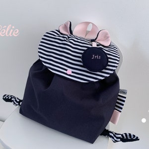 Sac à dos marin personnalisé pour enfant avec porte-clé amovible, sac à rayures bébé fill, cartable petite section, cadeau fille bord de mer