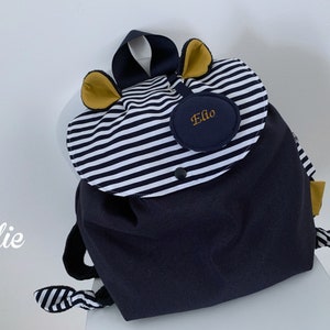 Sac à dos marin personnalisé pour enfant avec porte-clé brodé amovible, sac à rayures, cartable petite section, broderie prénom amovible