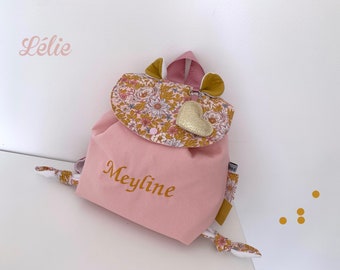 Sac à dos personnalisé pour enfant motif fleuri avec porte-clé coeur amovible