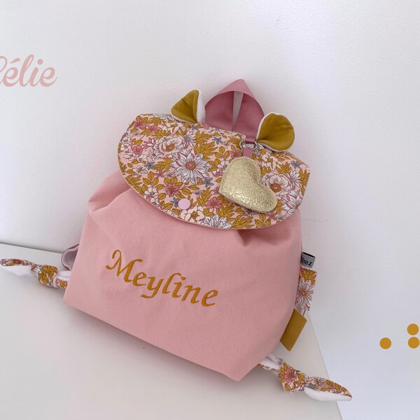 Sac à dos personnalisé pour enfant motif fleuri avec porte-clé coeur amovible