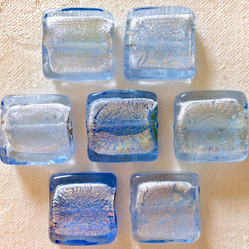 Vintage Lot 7 Dichroic Fused Art Glass Beads Ocean Sky Topaz Blue over Iridescent Silver