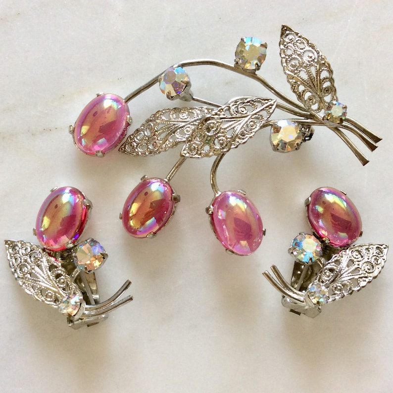 Vintage Rhinestone Brooch Demi Parure Silver Tone Filigree Botanical Brooch Set