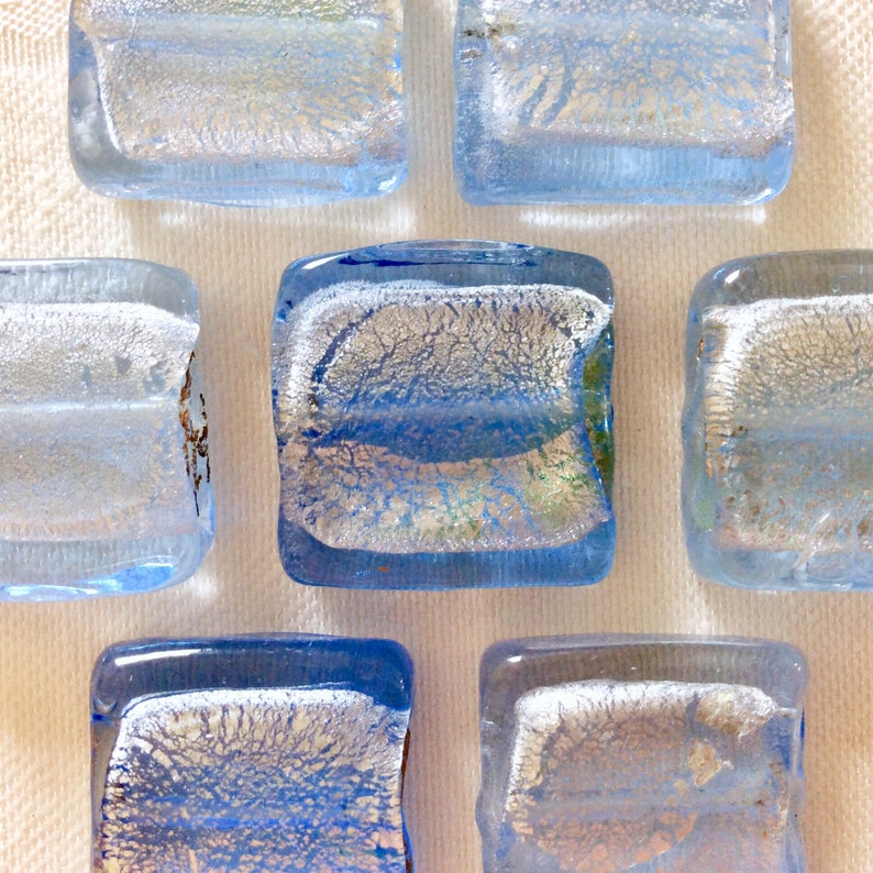 Vintage Lot 7 Dichroic Fused Art Glass Beads Ocean Sky Topaz Blue over Iridescent Silver