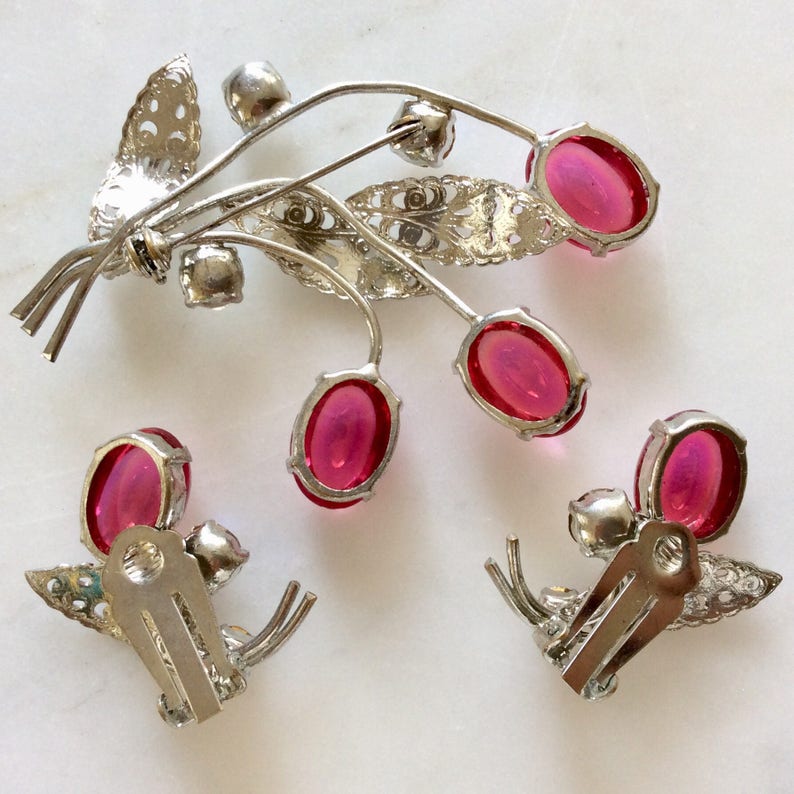 Vintage Rhinestone Brooch Demi Parure Silver Tone Filigree Botanical Brooch Set