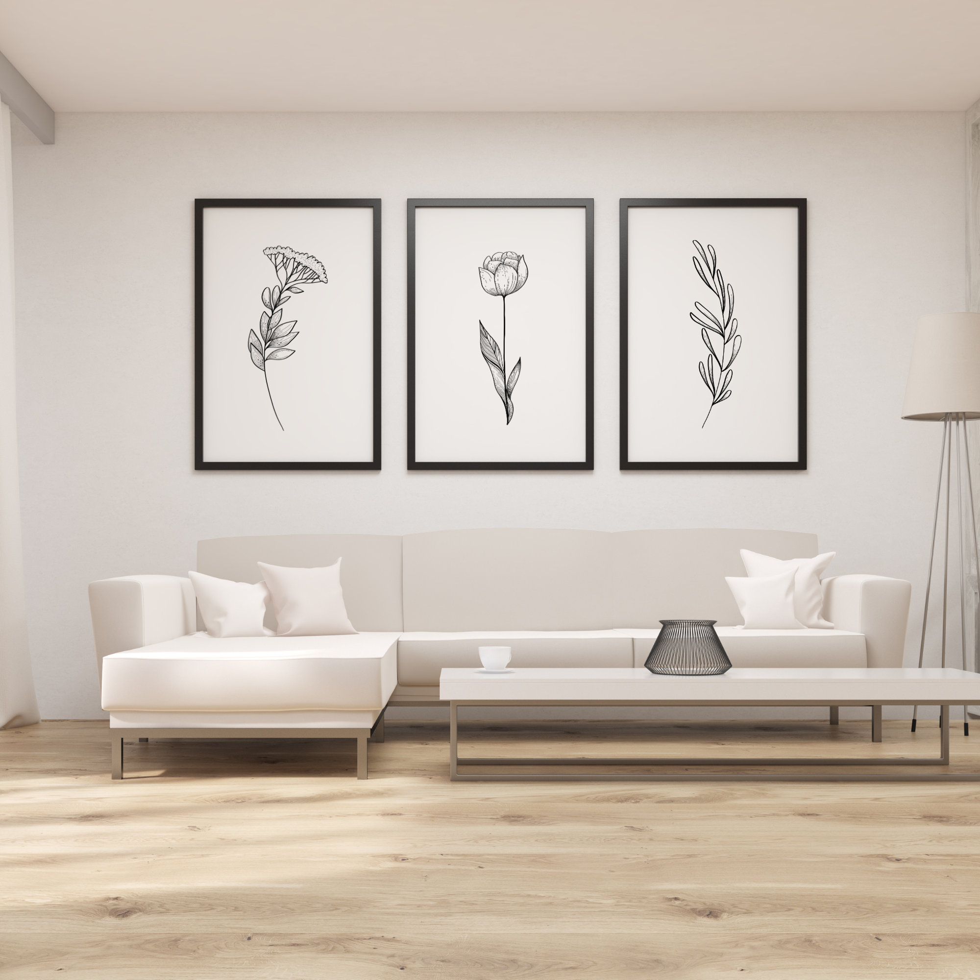 Botanical Outline Set of 3 Printable Art Black and White Floral Plants ...