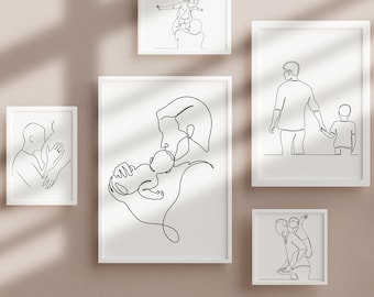 Conjunto de arte imprimible para padre e hijos - Dibujos de líneas minimalistas-arte de pared moderno en blanco y negro