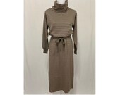 Vintage Rodier Paris Knit Dress Beige Striped Turtleneck Tie Waist Sweaterdress