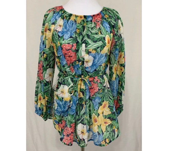 Vintage Peasant Blouse Tropical Print Cotton