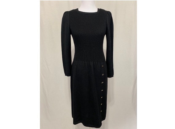 Vintage Black Knit Dress Square Neck Side Button S