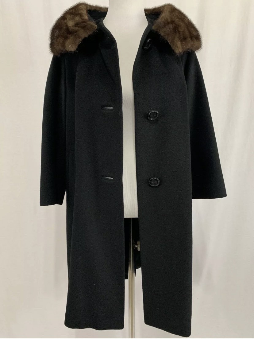Vintage Black Cashmere 3/4 Length Coat With Brown Fur Collar | Etsy UK