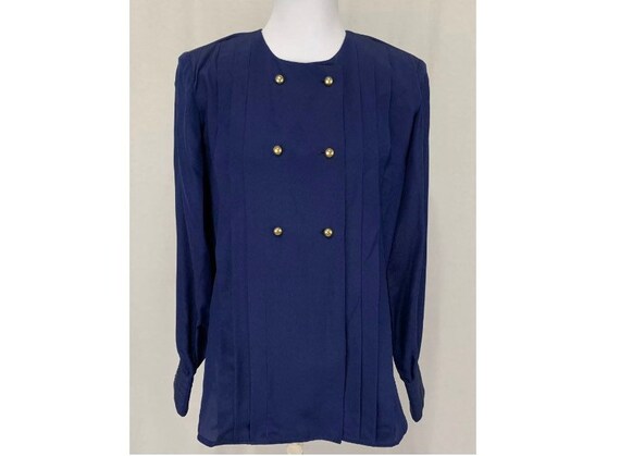 1980's Vintage Flora Kung Silk Blouse Navy Blue wi