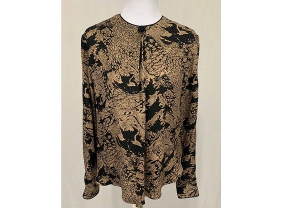 1980's Vintage Flora Kung Silk Blouse Black & Beig