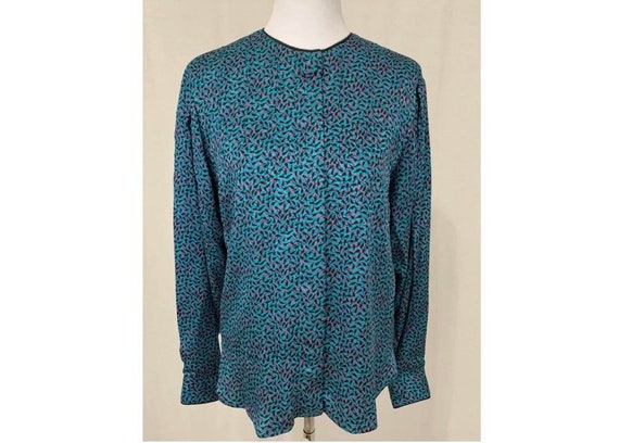 1980's Vintage Flora Kung Silk Blouse Turquoise &