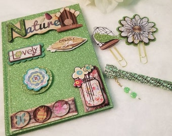 Altered composition book/journal/beads/Limegreen