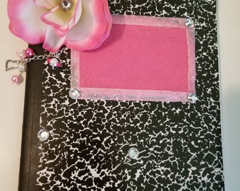 Altered composition book/journal/Pink Rose flower/charms