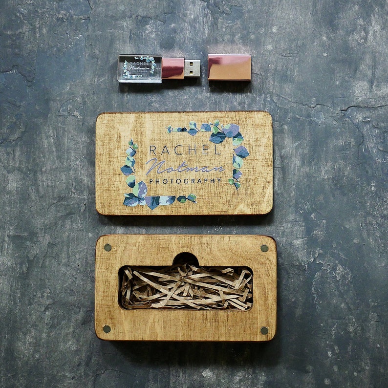 Crystal Glass USB with Wood USB Box print box