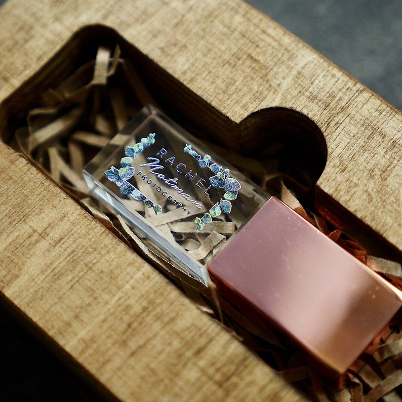 Crystal Glass USB with Wood USB Box print box