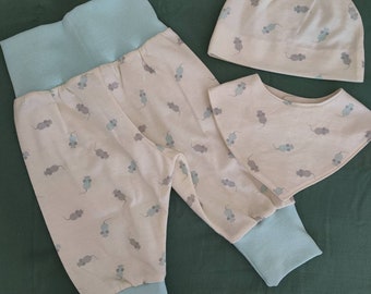 Baby-Set 62/68 Neugeborenes Mäuse Geschenk zur Geburt Mädchen Junge unisex Hose Halstuch Knotenmütze